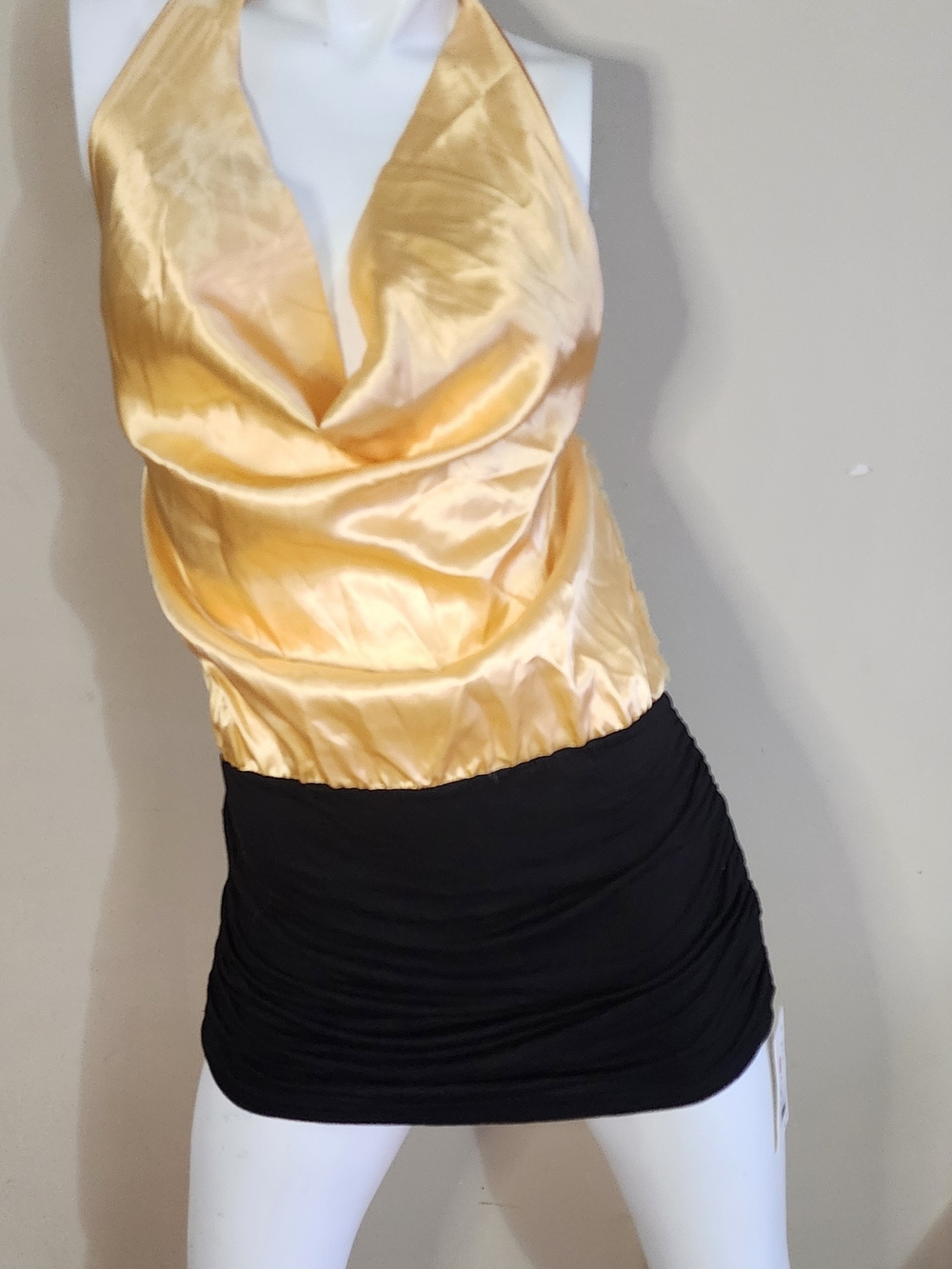 Satin Cowl Neck Halter Mini Dress Gold Yellow Black Ruched Skirt XL - NWT